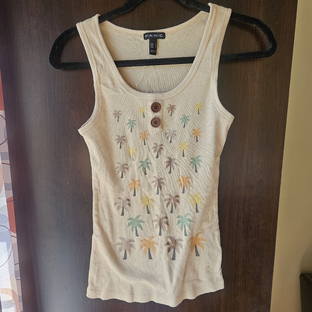 FANG Women's Beige Palm Print Tank Top